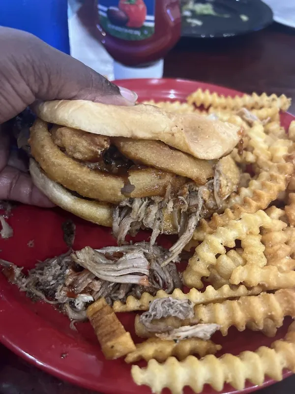 Pulled pork sandwich with onion rings and fries